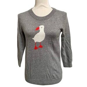J.Crew Factory Gray Merino Wool Blend Sweater Duck Intarsia Print 3/4 Sleeve S